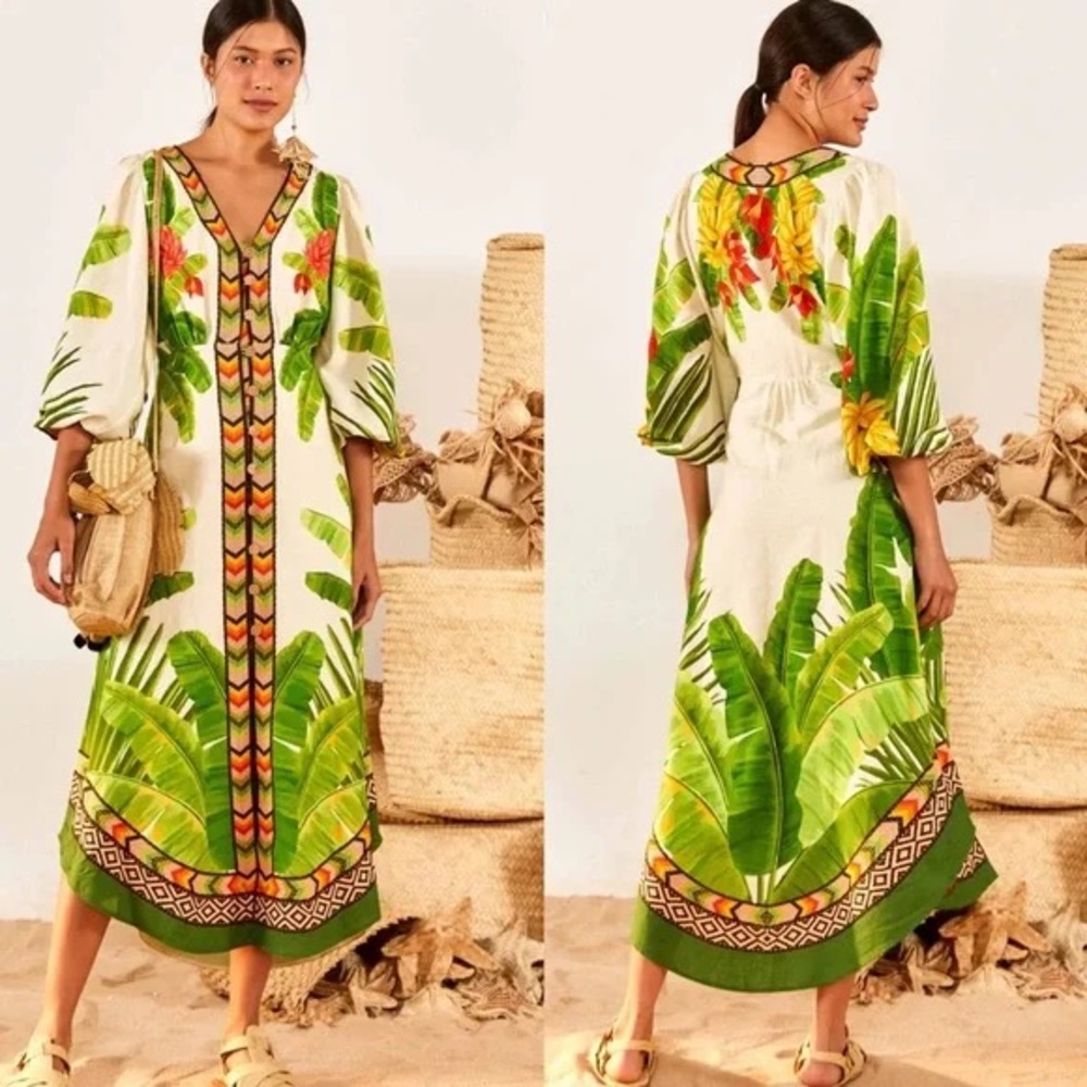 Farm Rio Fresh Forest Linen-Blend Midi-Dress - Picture 1 of 12
